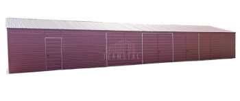 Hala - Garaż Blaszany 20x6m - 4x Brama dwuskrzydłowa - Drzwi - Ciemny Brąz - Dach Dwuspadowy TS692