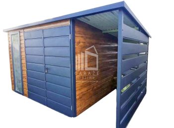 Schowek - Domek Ogrodowy 3x2,5m +wiata 1m - Brama Dwuskrydłowa - Jasny Orzech - Drewnopodobny - Antracyt - Okno - Dach Dwuspadowy TS694