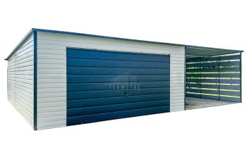 Garaż Blaszany 4x6m + Wiata 4m - Brama Uchylna - Drzwi - Biały - Antracyt - Dach spad w tył TS699