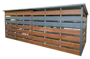 Wiata Śmietnikowa 4x1,5m - Drzwi - ściany zabudowane Panelami - Ciemny Orzech - Drewnopodobny - Antracyt - Dach spad w tył TS704