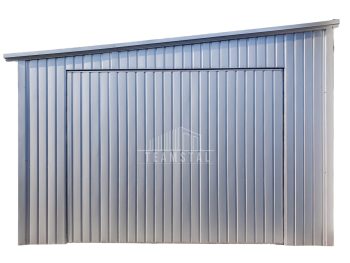 Garaż Blaszany 4,5x9m - Brama Uchylna - drzwi - Srebrny - Dach Spad w bok  TS705