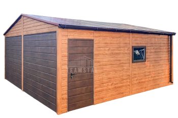 Garaż Blaszany 6x6m - 2x Brama Uchylna - 2x Okna - Drzwi - Jasny Orzech - Ciemny Orzech - Drewnopodobny - Rynny - Dach Dwuspadowy TS708