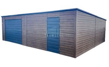 Garaż Blaszany 8x6m Brama Uchylna - Drzwi - Ciemny Orzech - Drewnopodobny - Antracyt - Dach Spad w tył TS709
