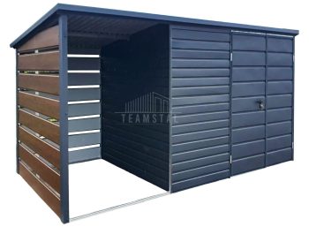 Schowek - Domek Ogrodowy 3x2m + wiata 1,5x2m - Brama dwuskrzydłowa - Antracyt - Ciemny Orzech - Drewnopodobny - Dach spad w tył TS718