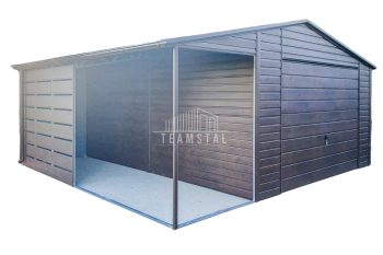 Garaż Blaszany 4,5x6m + Wiata 2m - Brama Uchylna - Okno - Ciemny Orzech - drewnopodobny - Rynny - Dach Dwuspadowy TS729