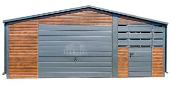 Garaz Blaszany 4,5x6m + Wiata 2m - 2x Drzwi - Okno - Rynny - Ciemny Orzech - antracyt - drewnopodobny - dach Dwuspadowy TS741