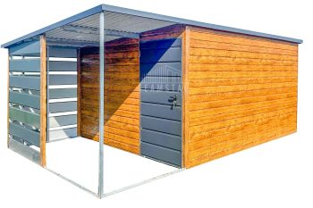 Schowek - Domek Ogodowy 4,5x3m + wiata 1,5m - drzwi - jasny orzech - drewnopodobny - Antracyt - Dach spad w tył TS742