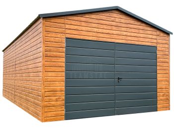 Garaż blaszany 4,5x6m - Brama dwuskrzydłowa  - drzwi - jasny orzech - drewnopodobny - dach dwupadowy TS752