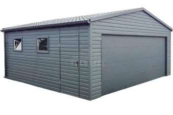 Garaż blaszany 6x6m - Brama segmentowa - drzwi - 2x okno - rynny - blachodachówka - dach dwuspadowy TS755