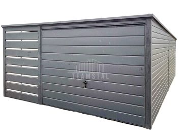 Garaż blaszany 3x6m + wiata 1,2m - brama uchylna - Antracyt - Dach spad w tył TS762