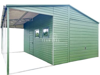 Garaż blaszany 4x6 + wiata 2m - Brama uchylna - Drzwi - 2x okno - zielony - rynny - dach dwuspadowy TS764