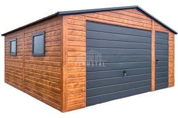 Garaż blaszany 5x5m Brama uchylna - drzwi - 2x okno - jasny orzech - drewnopodobny - Antracyt - dach dwuspadowy TS767