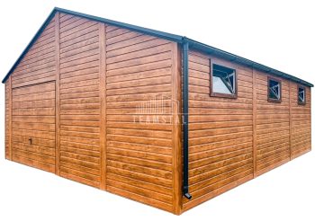 Garaż blaszany 7x7m - Brama uchylna - drzwi - 6x okno - Jasny orzech - drewnopodobny - rynny - dach dwuspadowy TS770