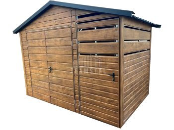 Schowek - Domek Ogrodowy 2,5x2m + zabudowana wiata 1x2 - drzwi + Brama dwuskrzydłowa - Jasny Orzech - Drewnopodobny  - dach dwuspadowy  TS823