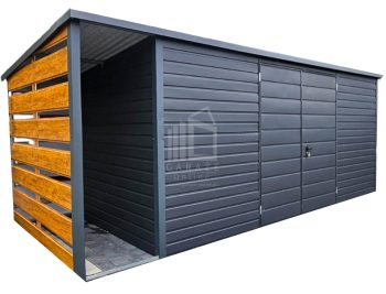 Schowek - Domek Ogrodowy 5x2m + wiata 0,8x2m - Brama dwuskrzydłowa Antracyt - Grafit  - dach spad w tył  TS829