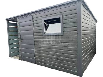 Schowek - Domek Ogrodowy 3x2,5 + wiata 1x2,5m - drzwi + okno  Sosna norweska + Antracyt  dach spad w tył  TS834