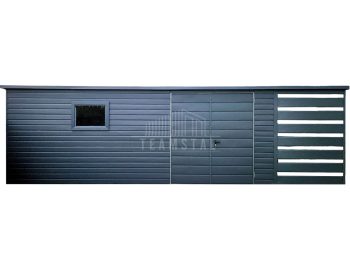 Schowek - Domek Ogrodowy 6,5x2,5m + wiata 1,5x2,5m - Brama dwuskrzydłowa - okno - Antracyt - Grafit  - dach spad w tył  TS841