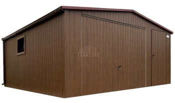 Garaż blaszany 5x5m - Brama uchylna - drzwi - okno - ciemny orzech - drewnopodobny - rynny - dach dwuspadowy TS857