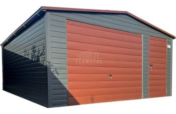 Garaż blaszany 5x6m - Brama uchylna - drzwi - ciemny brąz - antracyt - rynny - dach dwuspadowy TS858