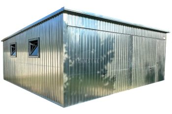 Garaż blaszany 6x6m - 2x brama uchylna - 2x okno - drzwi - ocynk - dach spad w tył TS859