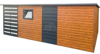 Schowek - Domek ogrodowy 5x3,5m + wiata 1,5m - drzwi - okno - jasny orzech - drewnopodobny - antracyt - Dach spad w tył TS869