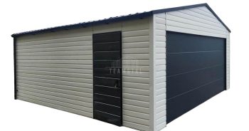 Garaż blaszany 6x5,8m - Brama segmentowa - drzwi - biały - antracyt - rynny - dach dwuspadowy TS872