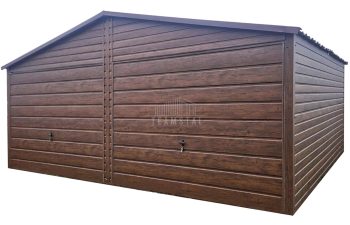 Garaż blaszany 6x5,8m - 2x brama uchylna - blachodachówka - ciemny orzech - drewnopodobny - dach dwuspadowy TS873
