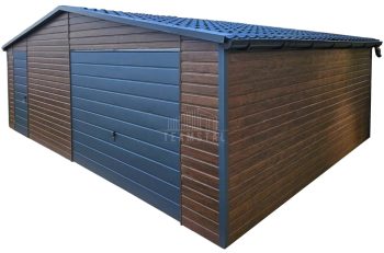 Garaż blaszany 7,5x6m - Brama uchylna - drzwi - 2x okno - ciemny orzech - drewnopodobny - blachodachówka - rynny - dach dwuspadowy TS874