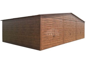 Garaz blaszany 9x6m - 3x brama uchylna - drzwi - jasny orzech - drewnopodobny - dach dwuspadowy TS879