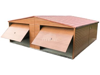 Garaż blaszany 7,5x6m - 2x  brama uchylna - złoty dąb - drewnopodobny - blachodachówka - rynny - dach dwuspadowy TS881