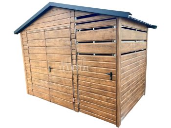 Schowek - domek ogrodowy 2x2m + wiata 1m - brama dwuskrzydłowa - drzwi - jasny orzech - drewnopodobny - blachodachówka - dach dwuspadowy TS882