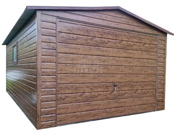 Garaż blaszany 4x6m - Brama uchylna - drzwi - okno - ciemny orzech - drewnopodobny - dach dwuspadowy TS895