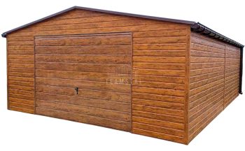 Garaż blaszany 6x6m - Brama uchylna - drzwi - 2x okno - jasny orzech - drewnopodobny - rynny - dach dwuspadowy TS896