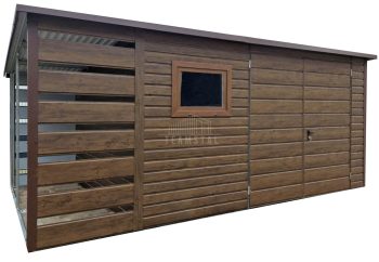 Schowek - domek ogrodowy + wiata 1x3m - 4x3m - Brama dwuskrzydłowa - okno - ciemny orzech - drewnopodobny - dach spad w tył TS927