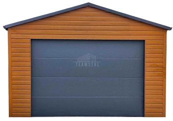 Garaż blaszany 5x6m - Brama segmentowa - drzwi - złoty dąb - drewnopodobny - antracyt - rynny - dach dwuspadowy TS930
