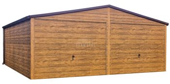 Garaż blaszany 6x6,5m - bramy uchylne - jasny orzech - drewnopodobny - rynny - dach dwuspadowy TS932