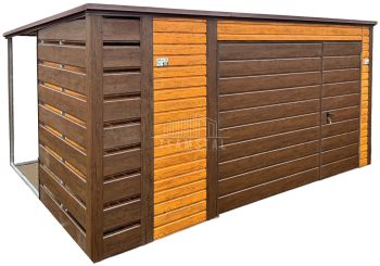 Schowek - domek ogrodowy - Garaż 4x3m + wiata 0,5m - Brama - jasny orzech - ciemny orzech - drewnopodobny - dach spad w tył TS959