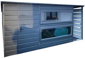 Schowek - domek ogrodowy 3,8x2,5m + wiata 0,7x2,5m - Brama dwuskrzydłowa - 2x Okno - antracyt - rynny - dach spad w tył TS963