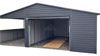 Garaż blaszany 5x6m + wiata 4m - Brama uchylna - antracyt - dach dwuspadowy TS977