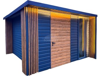 Schowek - Domek ogrodowy PREMIUM 3x3m + wiata - drzwi - okno - Dekor z lameli - Antracyt - Drewnopodobny  dach spad w tył TS987