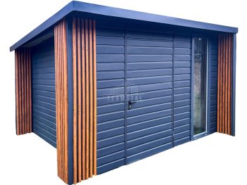 Schowek - Domek ogrodowy PREMIUM 3x3m + wiata 0,5m - drzwi - okno - Dekor z lameli - Antracyt - dach spad w tył TS991 - PORTALE