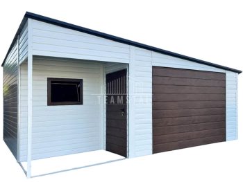 Garaż Blaszany 5x6m - wnęka 2m - brama uchylna - okno - drzwi - biały - ciemny orzech - dach spad w bok TS998