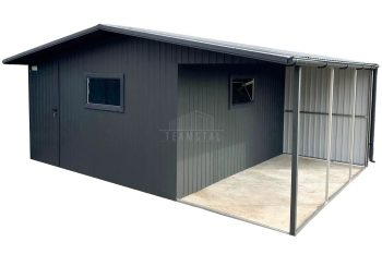 Garaż blaszany - Domek ogrodowy - Schowek 4x6m + Wiata 2x6m - Drzwi - 2x Okno - Antracyt - Rynny - Dach dwuspadowy TS1005