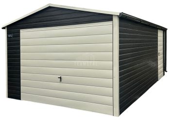 Garaż blaszany 3,5x5m Brama uchylna - drzwi - sosna norweska - drewnopodobny - biały - rynny - dach dwuspadowy TS1007