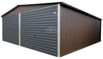 Garaż blaszany 6x5,8m - 2x Brama uchylna - Ciemny orzech - drewnopodobny - antracyt - rynny - dach dwuspadowy TS1010