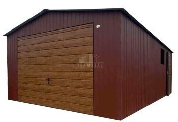 Garaż blaszany 4,5x6m - brama uchylna - drzwi - okno - ciemny brąz - drewnopodobny - dach dwuspadowy TS1017