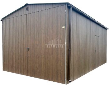 Garaż blaszany 4x6m - brama dwuskrzydłowa - drzwi - ciemny orzech - drewnopodobny - dach dwuspadowy TS1018