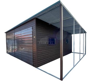 Garaż blaszany 7x6m + wiata 1,6m - 2x Brama dwuskrzydłowa - 2x okno - Ciemny orzech - drewnopodobny - dach spad w tył TS1019