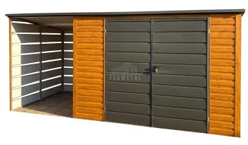 Schowek - Domek Ogrodowy 3x2m + wiata 1,5m - Brama - jasny orzech - dach spad w tył TS1045