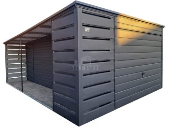 Garaż blaszany 3x6m + wiata 1m - Brama uchylna - drzwi - antracyt - dach spad w tył TS1048